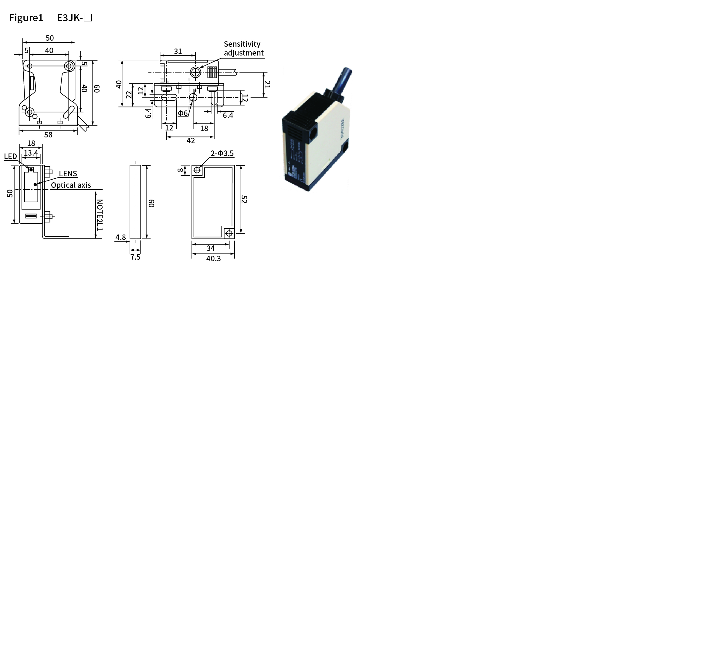 E3JK series, dimensions and wiring diagram, Photoelectric Sensor