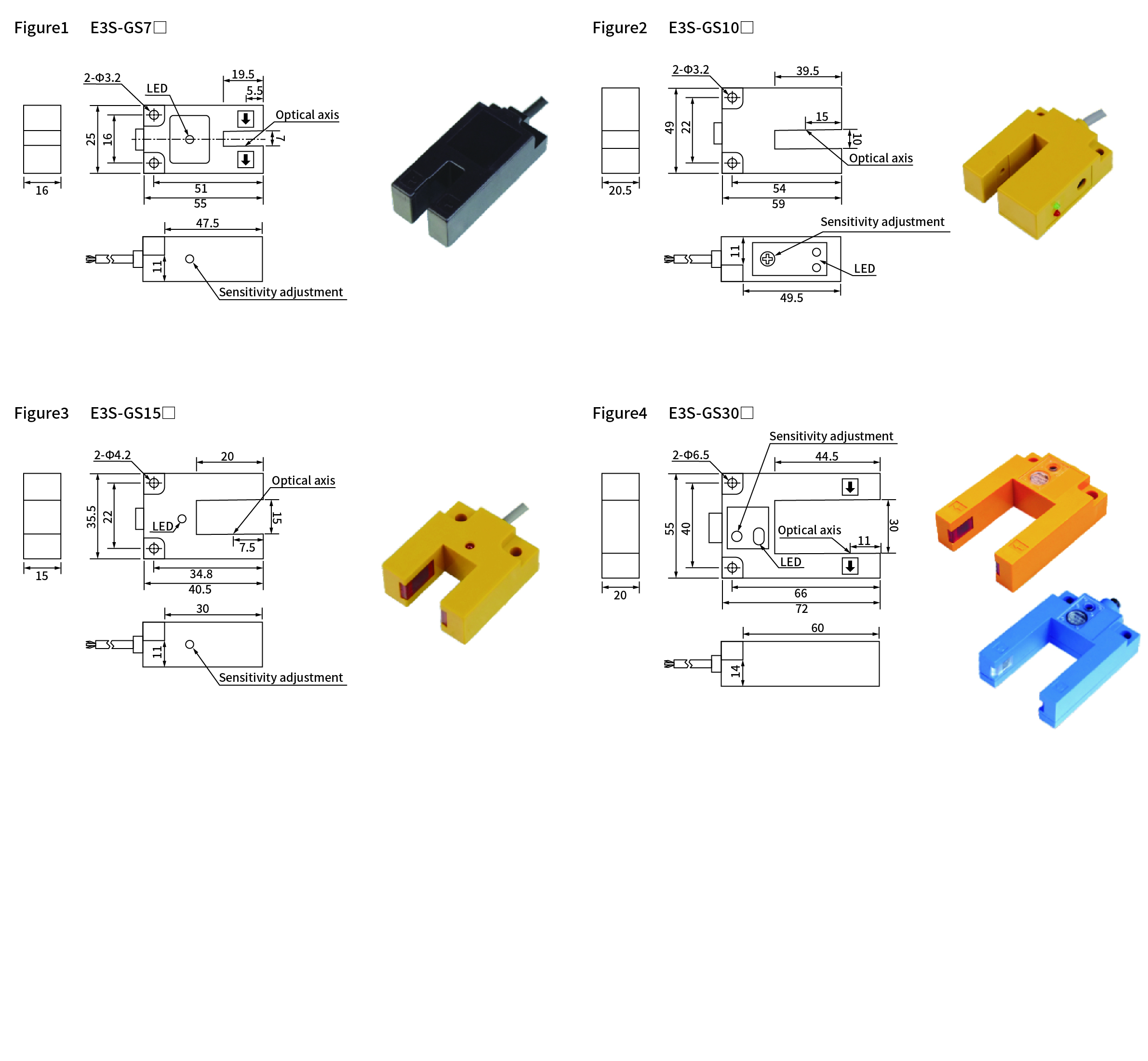 E3S-GS series, dimensions and wiring diagram, Photoelectric Sensor