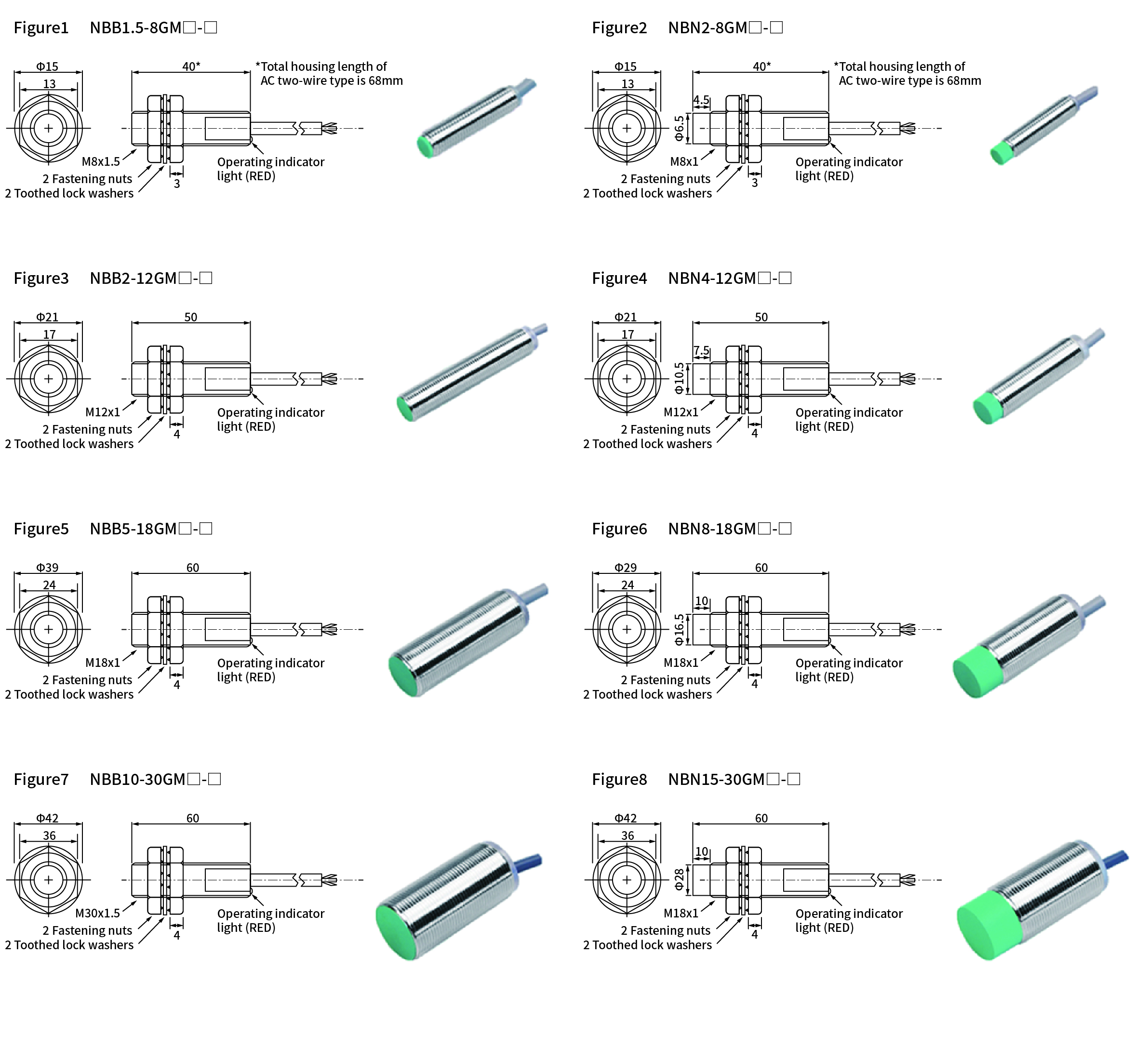 NBB series, NBN series, dimensions and wiring diagram