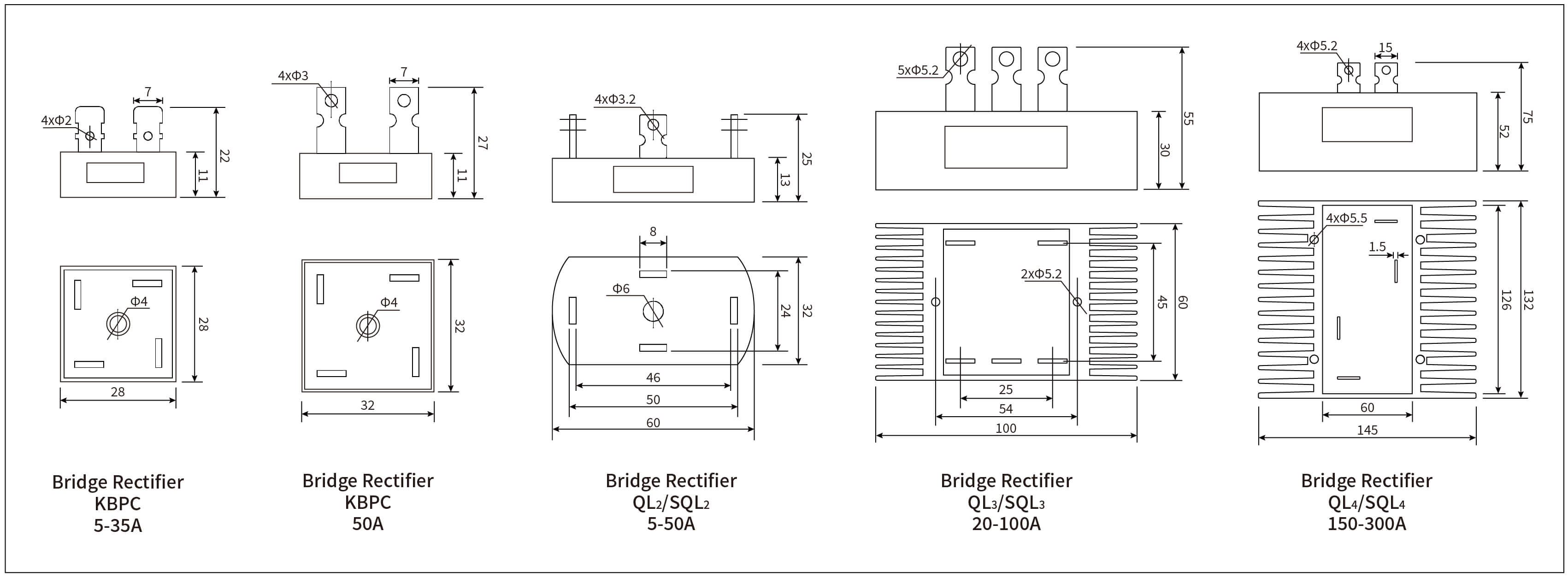 KBPC, QL, SQL Series Dimensions Solid State Rectifier